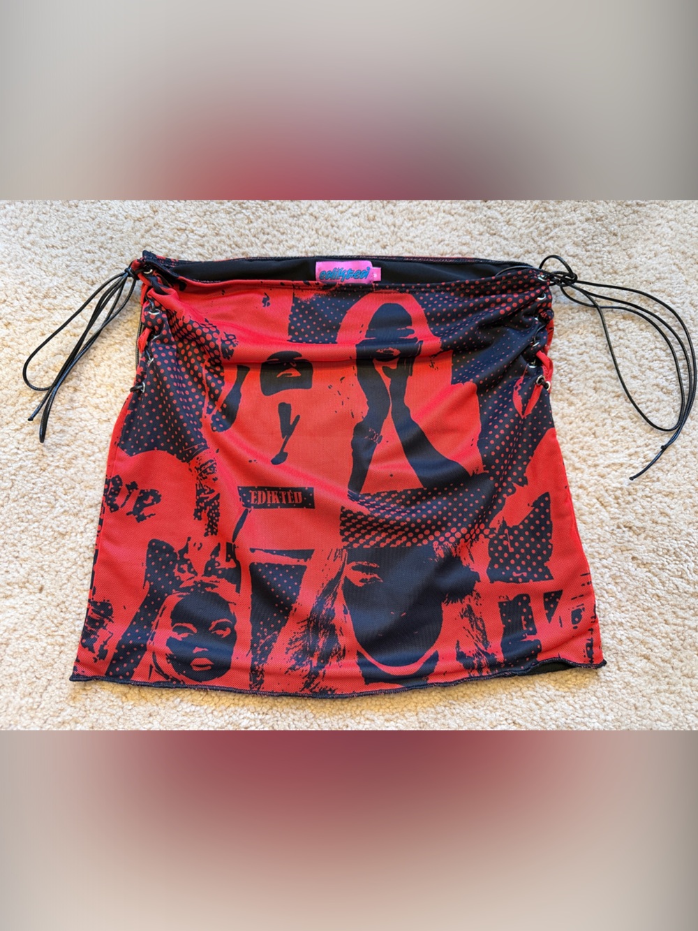Edikted Red and Black Graphic Side-Drawstring Mini Skirt